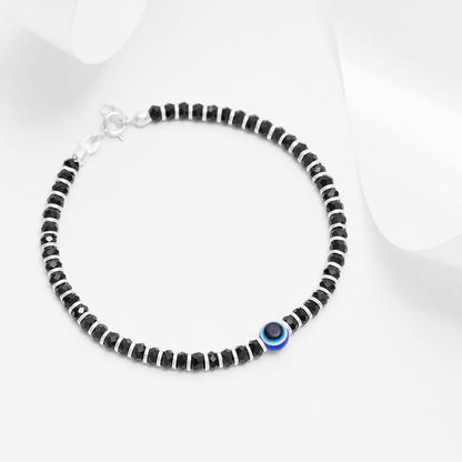 Black Beads with Evil Eye 925 Silver Bold Bracelet in Silver Chain