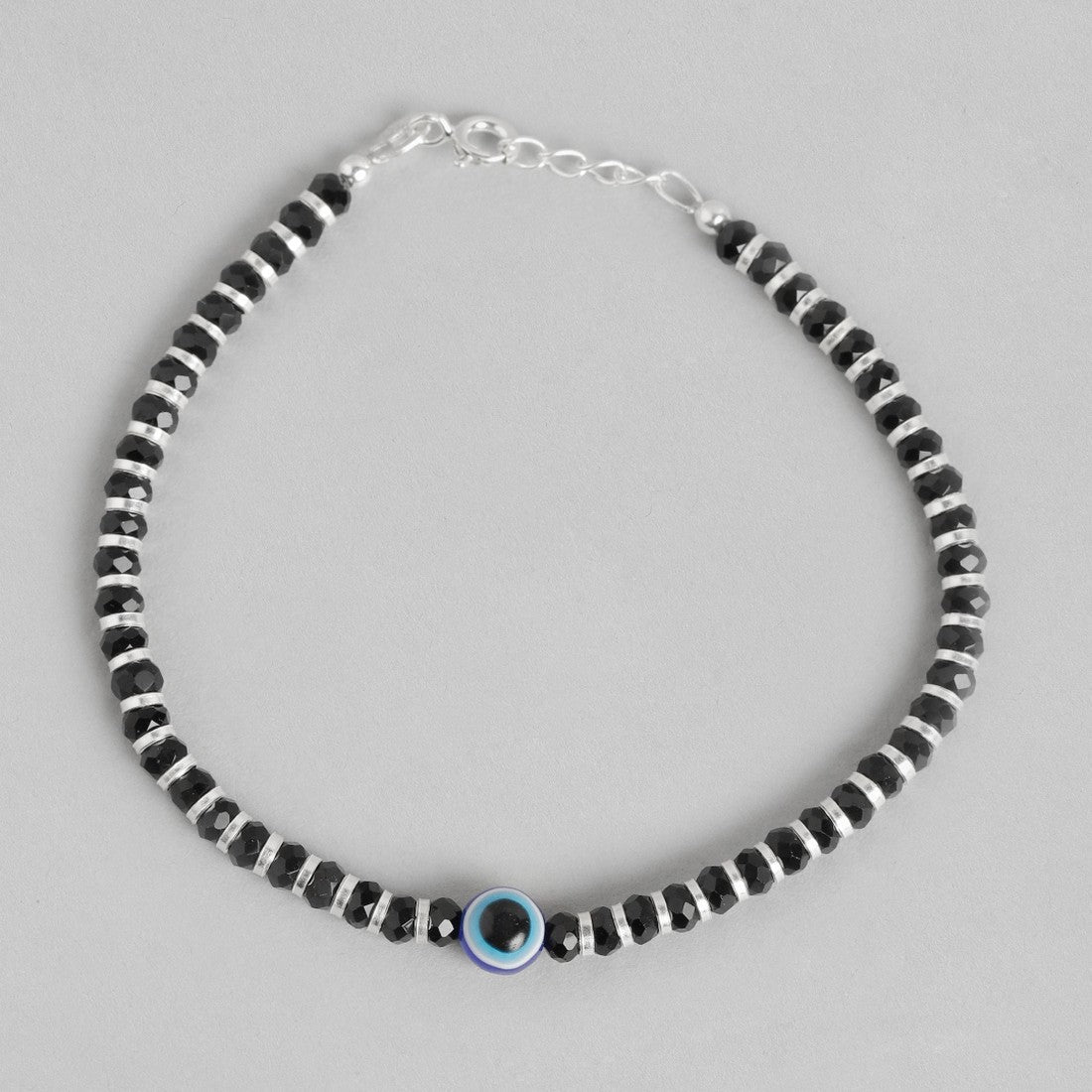 Black Beads with Evil Eye 925 Silver Bold Bracelet in Silver Chain