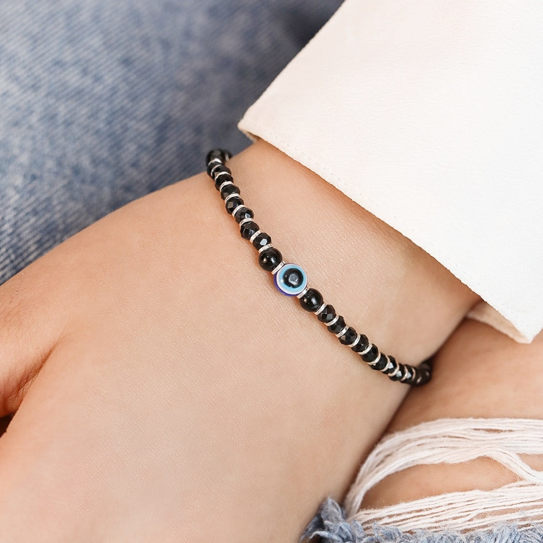 Black Beads with Evil Eye 925 Silver Bold Bracelet in Silver Chain